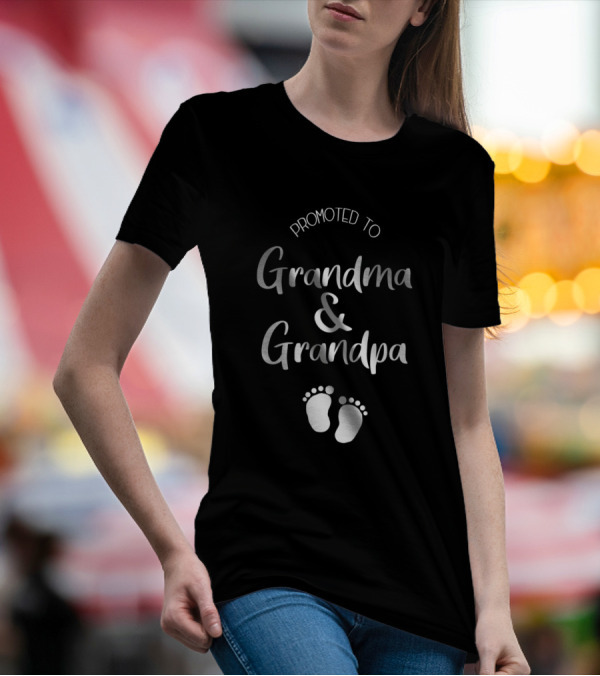 Promoted To Grandma And Grandpa With Baby Footprints T-Shirt
