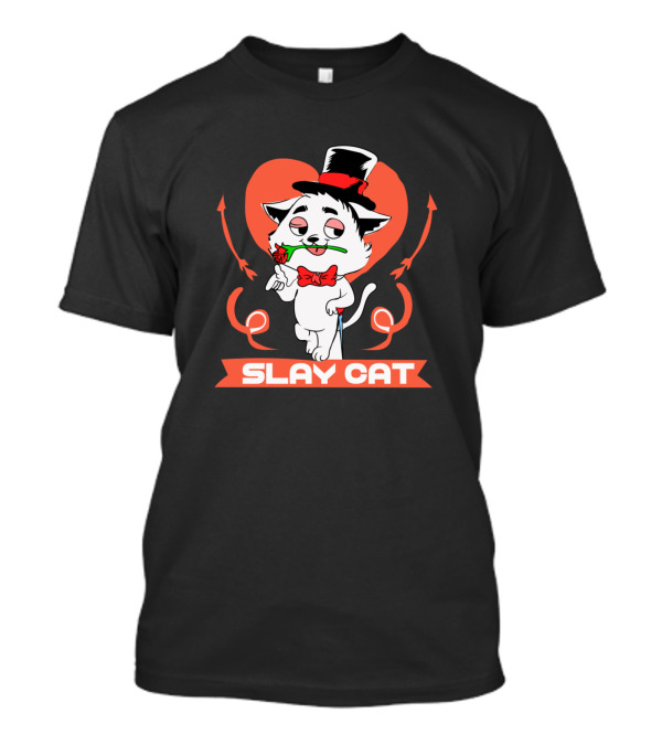 Slay Cat Heart Arrow Top Hat Rose Bow Tie T-Shirt