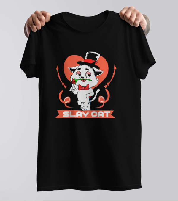 Slay Cat Heart Arrow Top Hat Rose Bow Tie T-Shirt