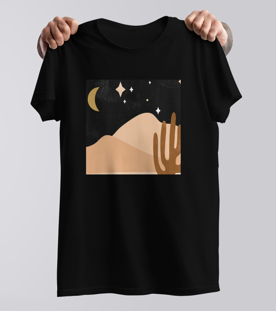 Desert Starry Night With Crescent Moon And Cactus T-Shirt