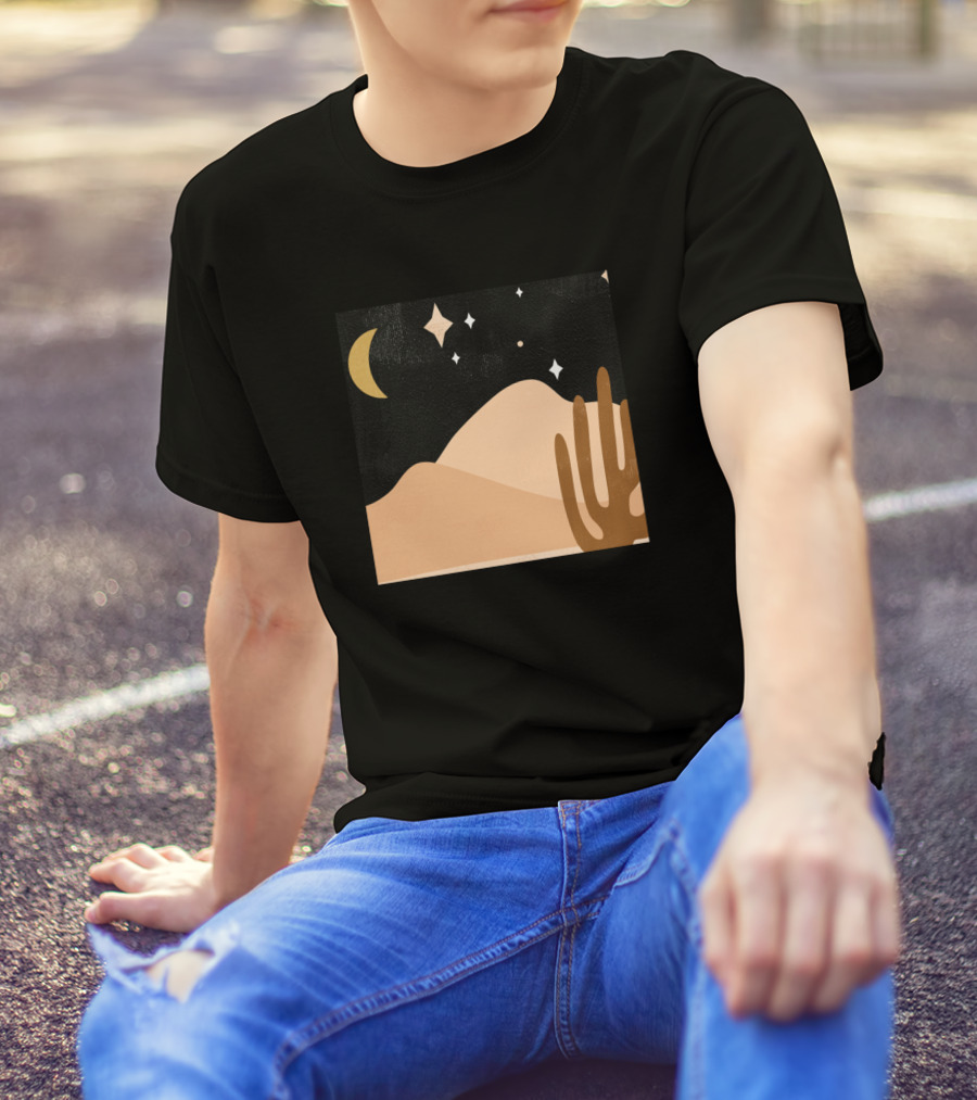 Desert Starry Night With Crescent Moon And Cactus T-Shirt
