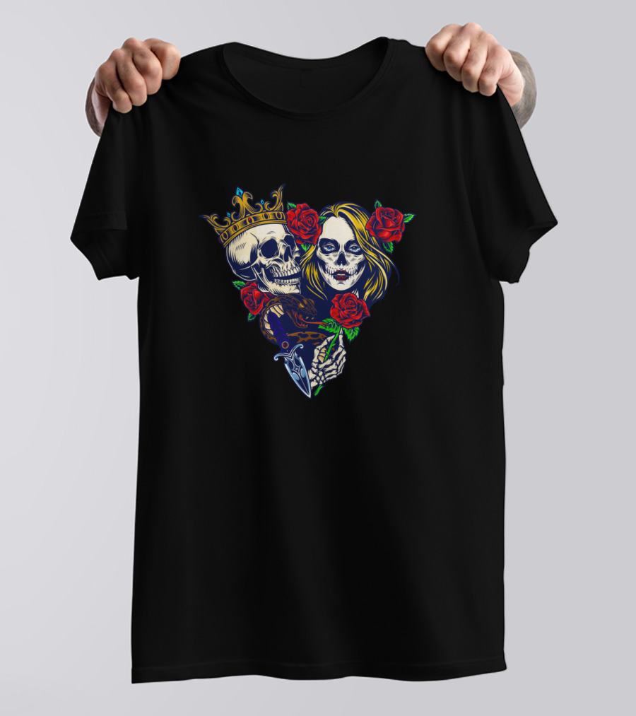 Triangle King Queen Skull Roses T-Shirt