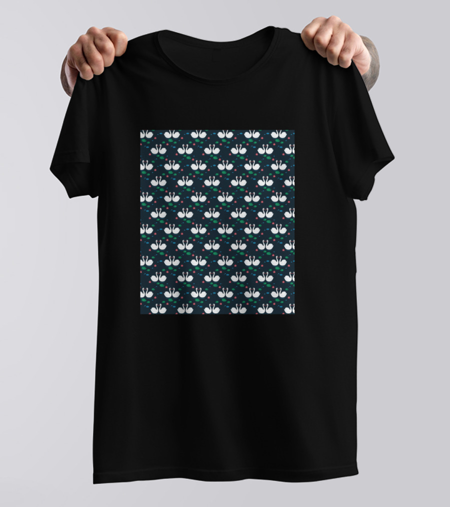 White Swan With Leaf Pattern Motif With Polka Dots T-Shirt