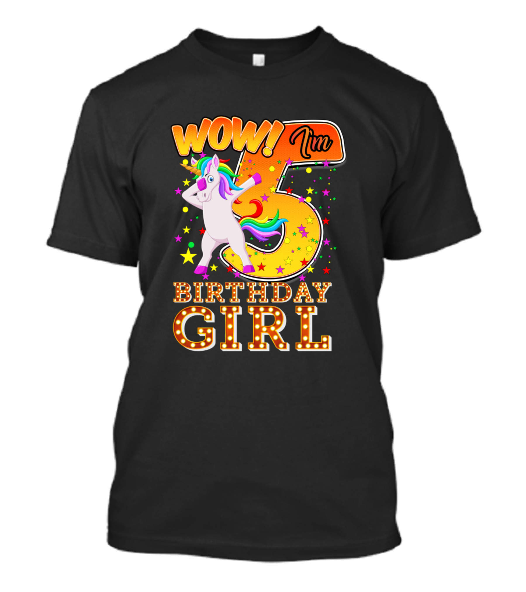 Wow I'm 5 Birthday Girl Unicorn Rainbow Stars T-Shirt