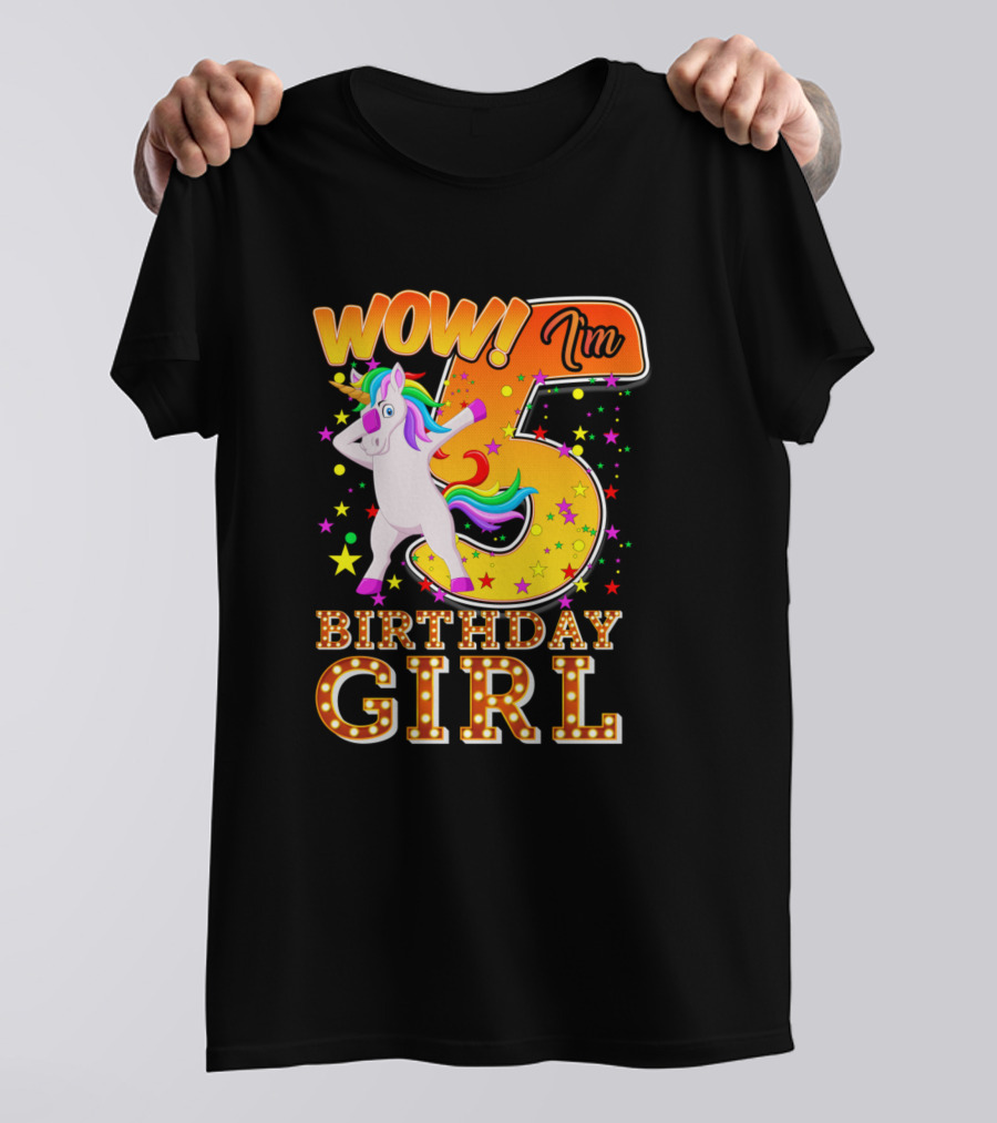 Wow I'm 5 Birthday Girl Unicorn Rainbow Stars T-Shirt