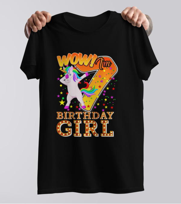 WOW I'm 7 Birthday Girl Unicorn Celebration Stars T-Shirt