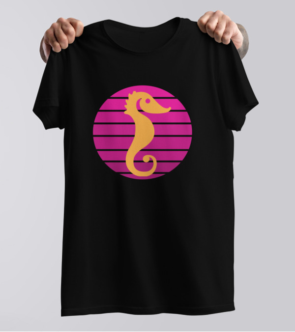 Seahorse Against Retro Pink Striped Sunset T-Shirt