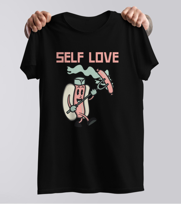 Self Love Cartoon Hot Dog Grilling Funny T-Shirt