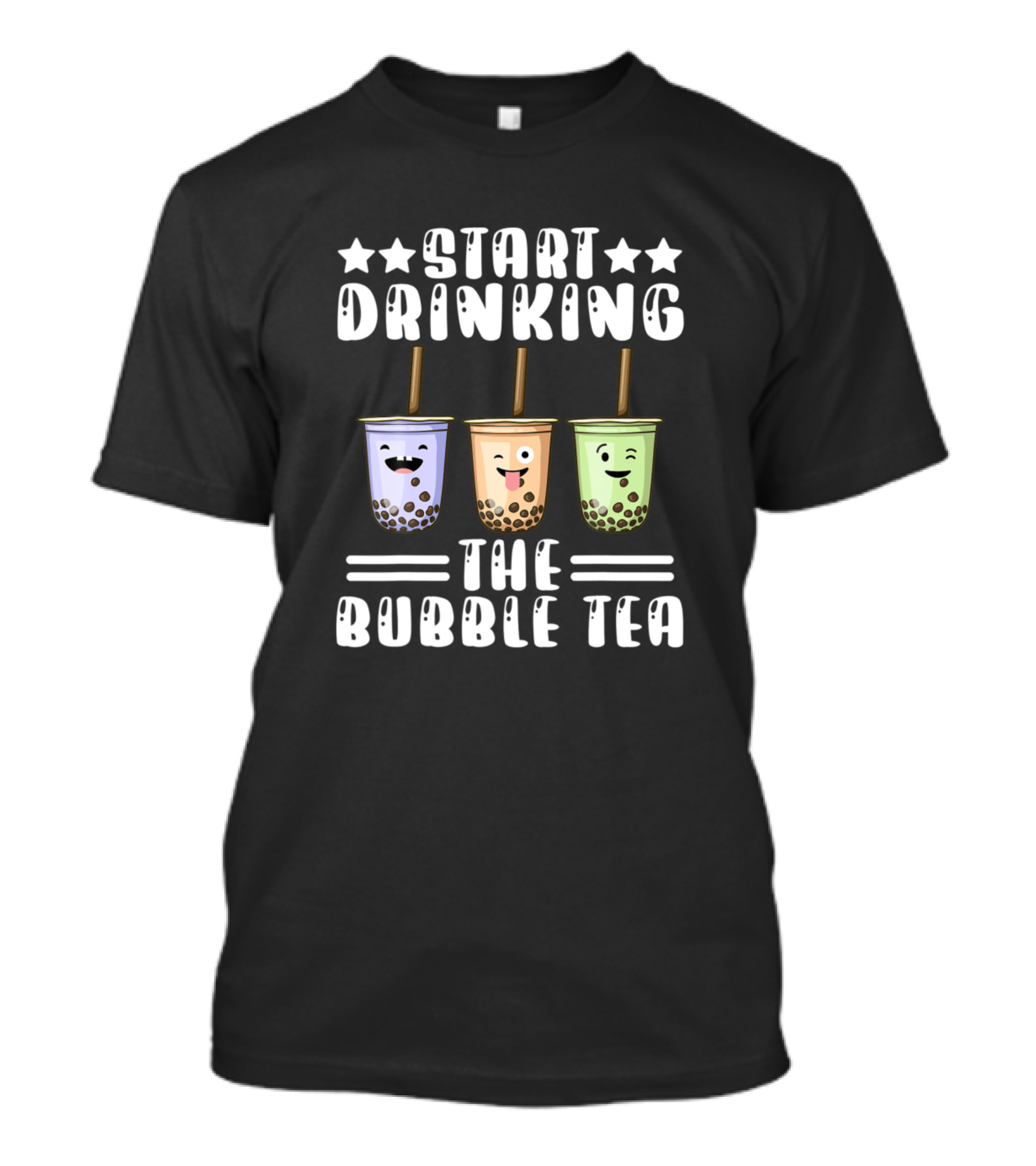 Start Drinking The Bubble Tea Cream Puff Straw Col Three Cute Bubble Tea Characters T-Shirt