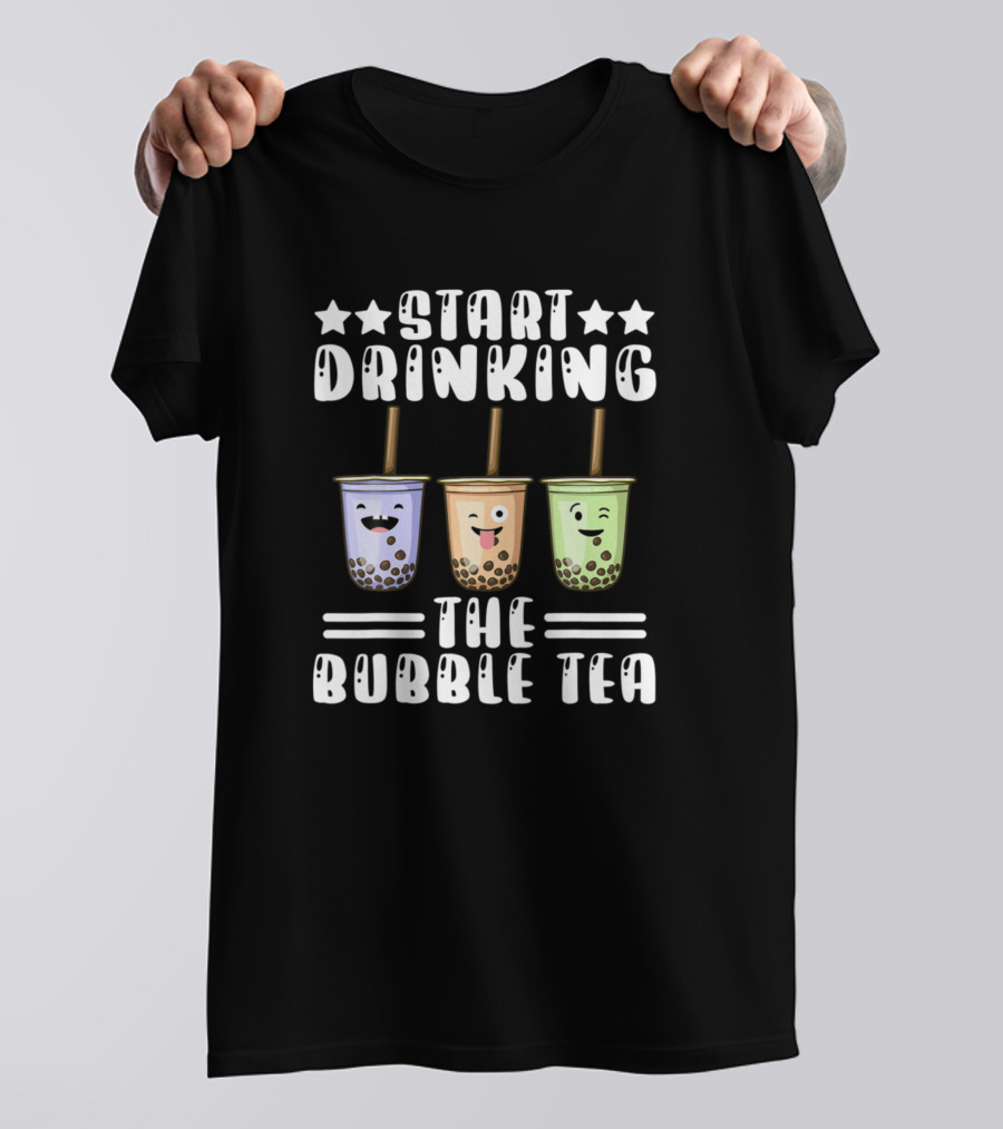 Start Drinking The Bubble Tea Cream Puff Straw Col Three Cute Bubble Tea Characters T-Shirt