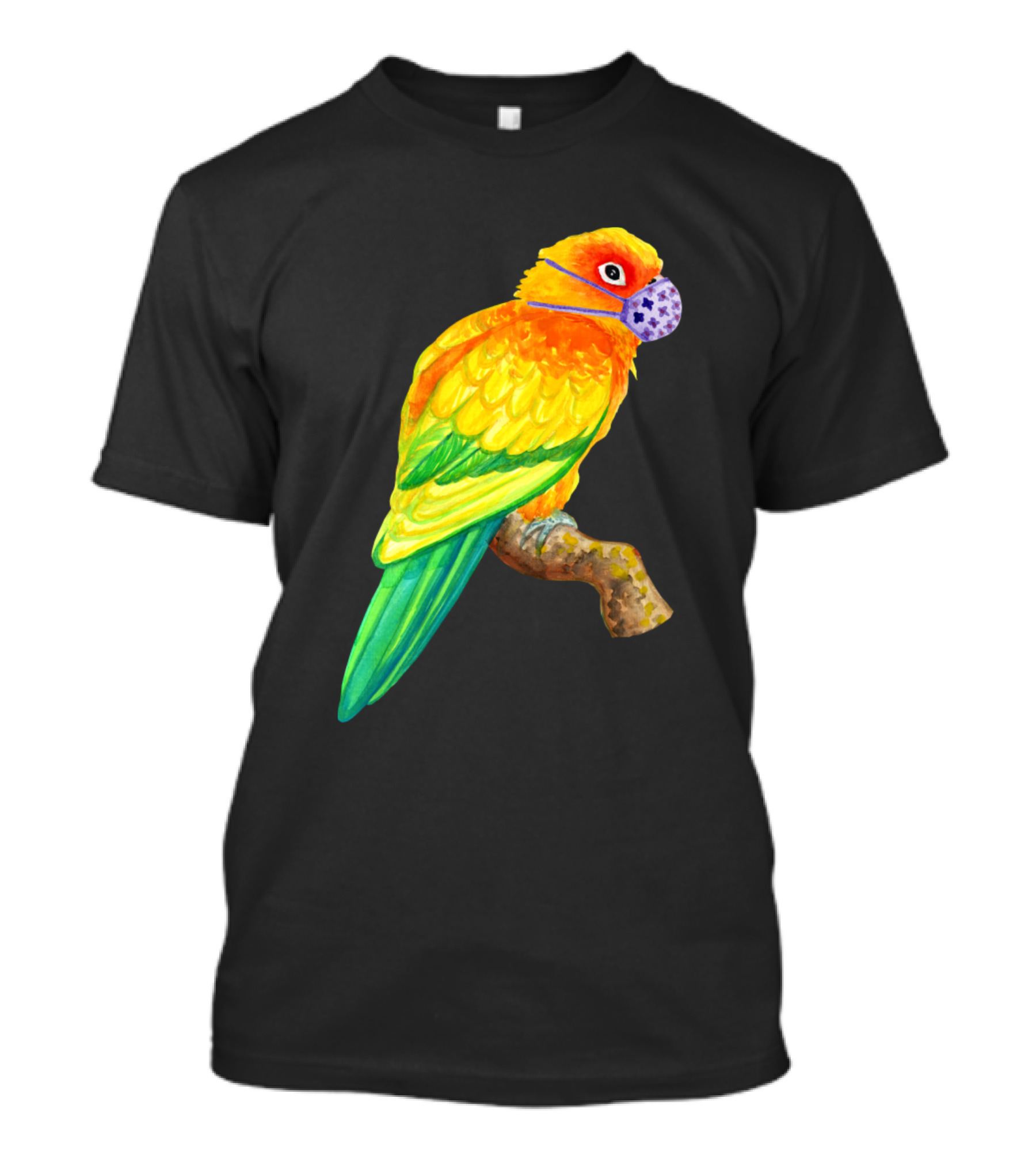 Sun Conure Parrot Wearing Face Mask Watercolor Art Bird Branch Colorful T-Shirt