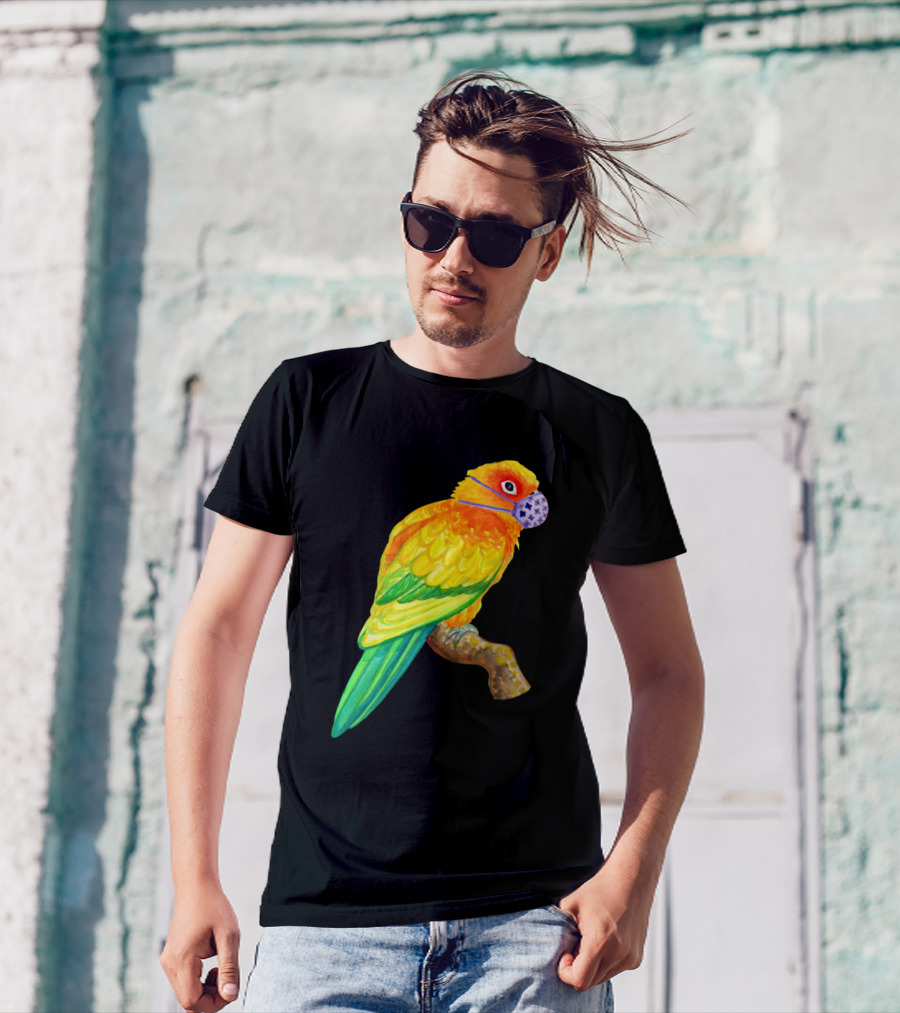 Sun Conure Parrot Wearing Face Mask Watercolor Art Bird Branch Colorful T-Shirt