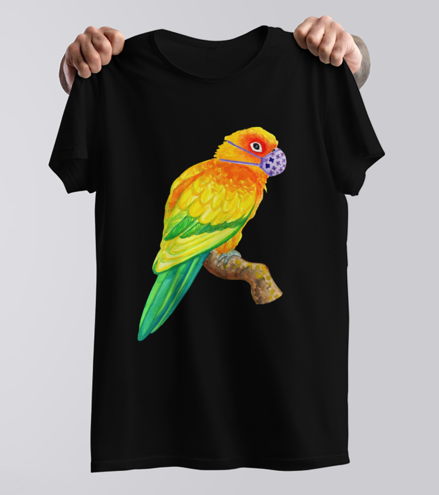 Sun Conure Parrot Wearing Face Mask Watercolor Art Bird Branch Colorful T-Shirt