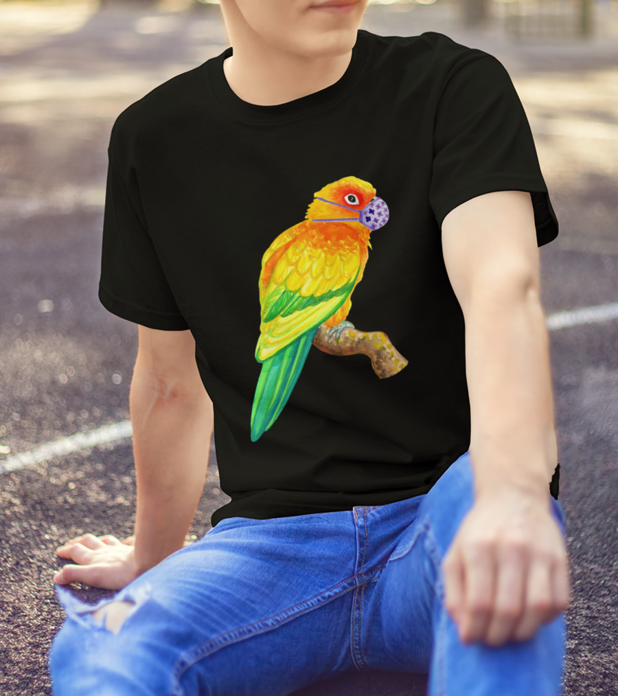 Sun Conure Parrot Wearing Face Mask Watercolor Art Bird Branch Colorful T-Shirt