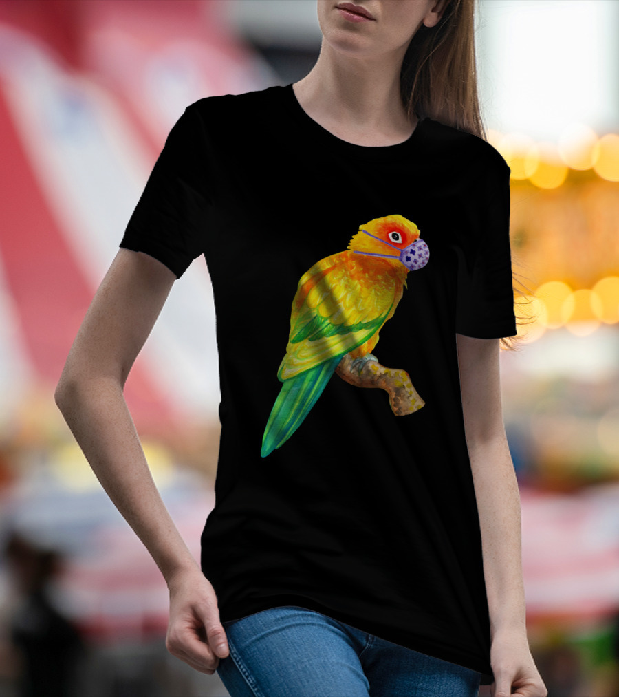Sun Conure Parrot Wearing Face Mask Watercolor Art Bird Branch Colorful T-Shirt