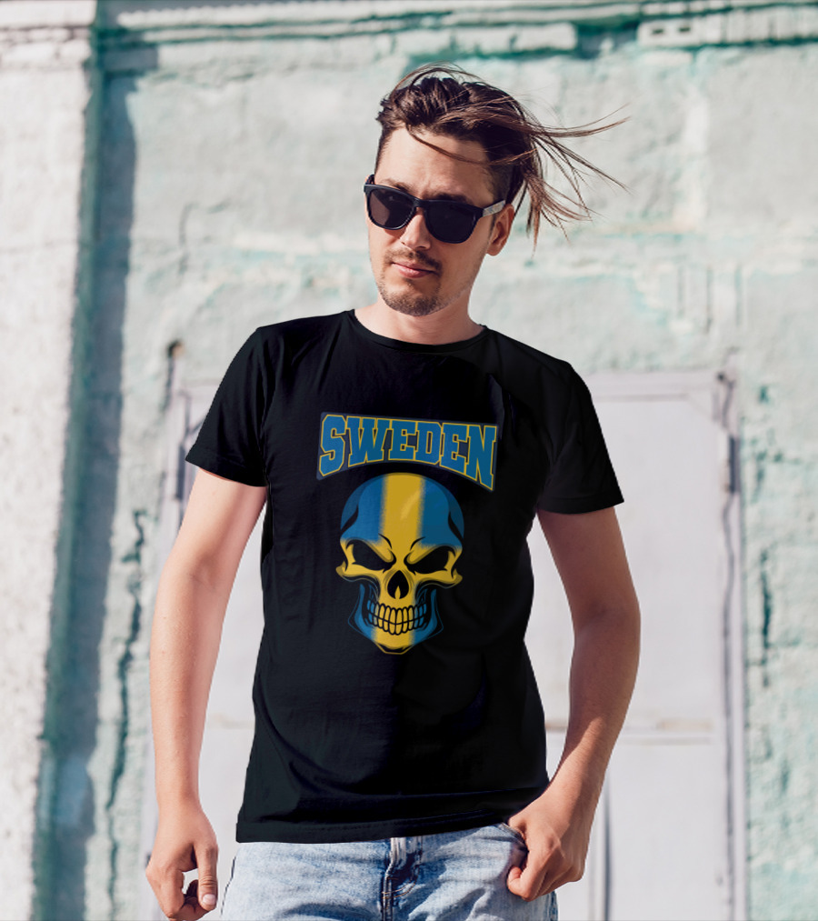 SWEDEN Skull With Flag Colors Emblem T-Shirt