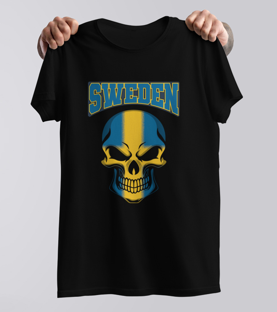 SWEDEN Skull With Flag Colors Emblem T-Shirt