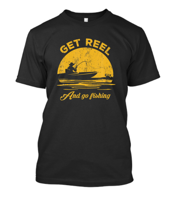 Threddly Get Reel And Go Fishing Vintage Fishing Boat Sunset T-Shirt