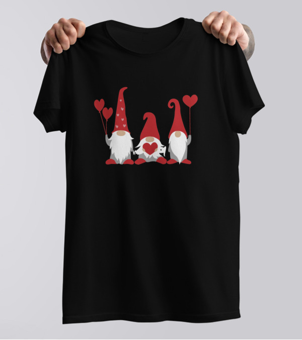 Valentines Gnomes Holding Heart Balloons With Red Hats And Beards T-Shirt