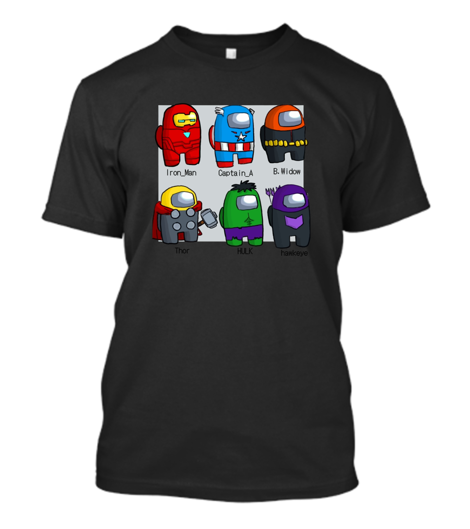 Among Us Avengers Iron Man Captain America Black Widow Thor Hulk Hawkeye Impostor Gaming T-Shirt