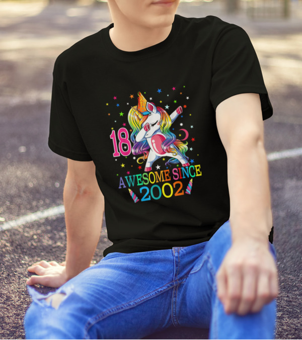 18 Awesome Since 2002 Dabbing Unicorn Birthday T-Shirt
