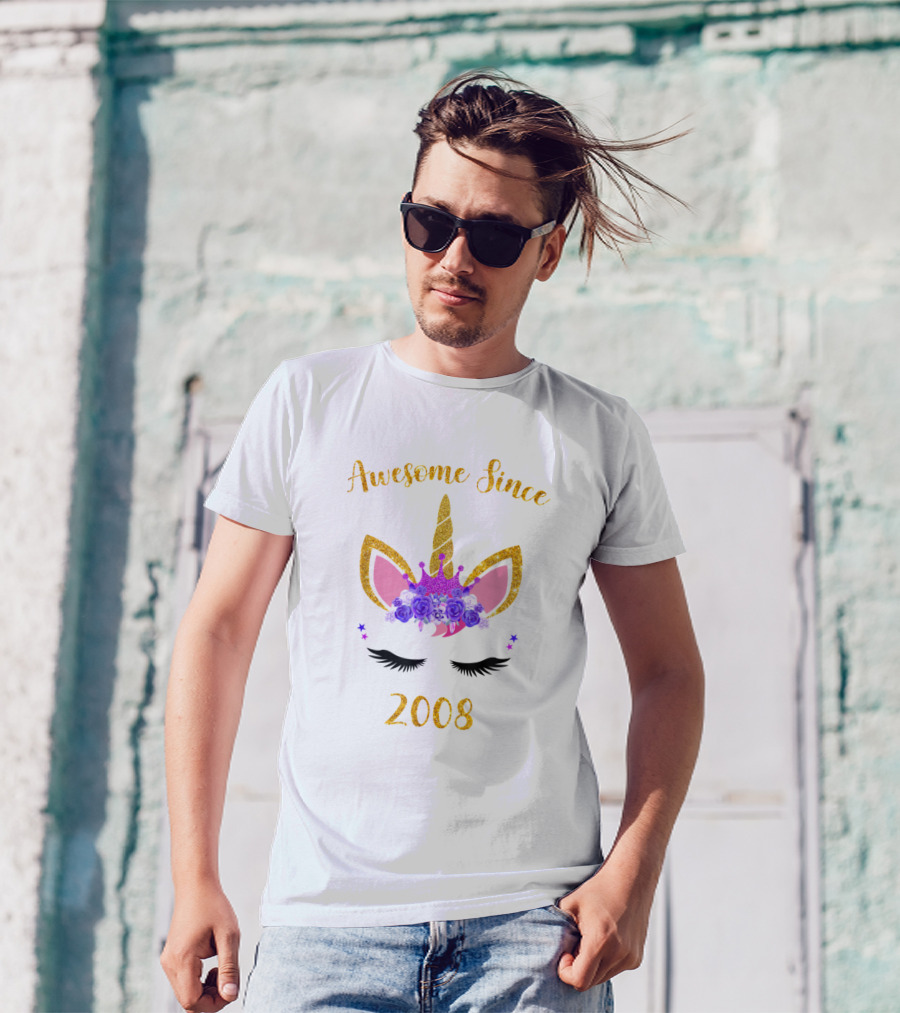 Awesome Since 2008 Unicorn Birthday Girl Lavender Flower Tiara T-Shirt