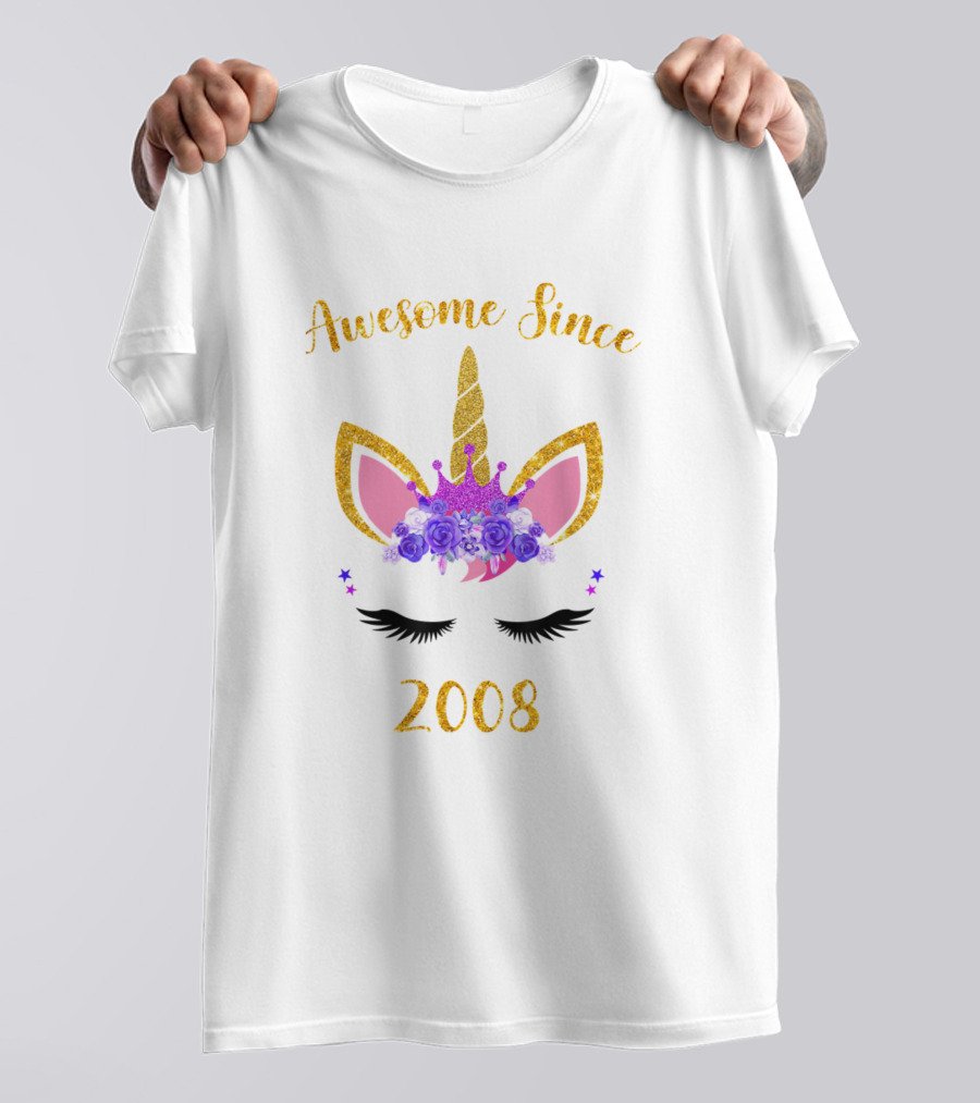 Awesome Since 2008 Unicorn Birthday Girl Lavender Flower Tiara T-Shirt
