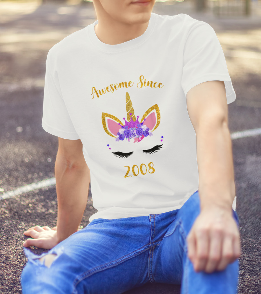 Awesome Since 2008 Unicorn Birthday Girl Lavender Flower Tiara T-Shirt