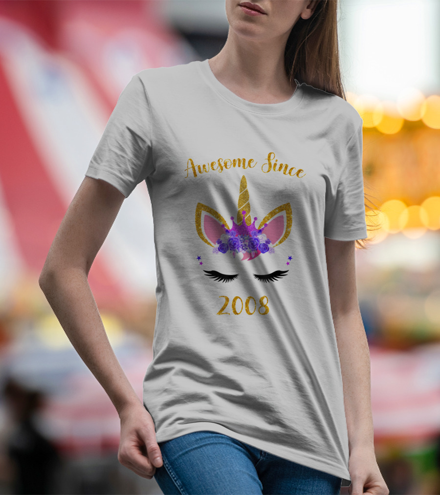 Awesome Since 2008 Unicorn Birthday Girl Lavender Flower Tiara T-Shirt