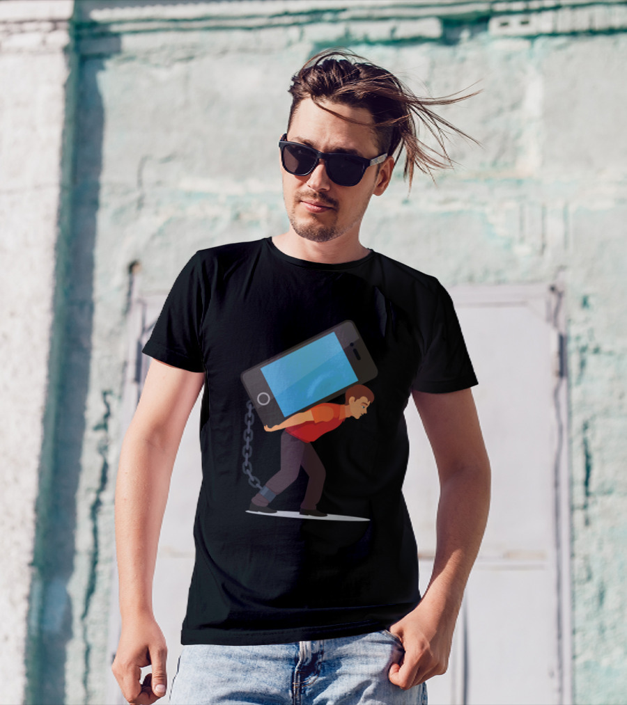 Bended Man Carrying Heavy Mobile Phone Addiction Burden T-Shirt