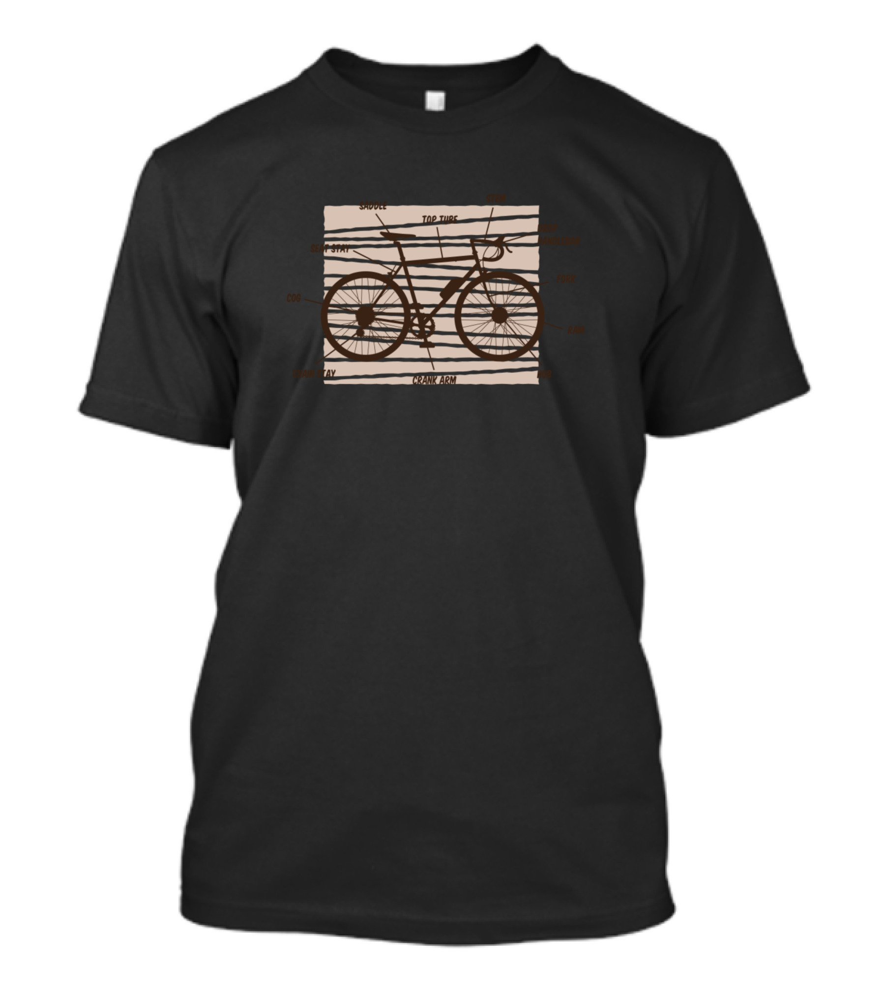 Top Tube Bicycle Anatomy Diagram With Crank Chainstay Saddle Stem Handlebar Fork Wheels T-Shirt