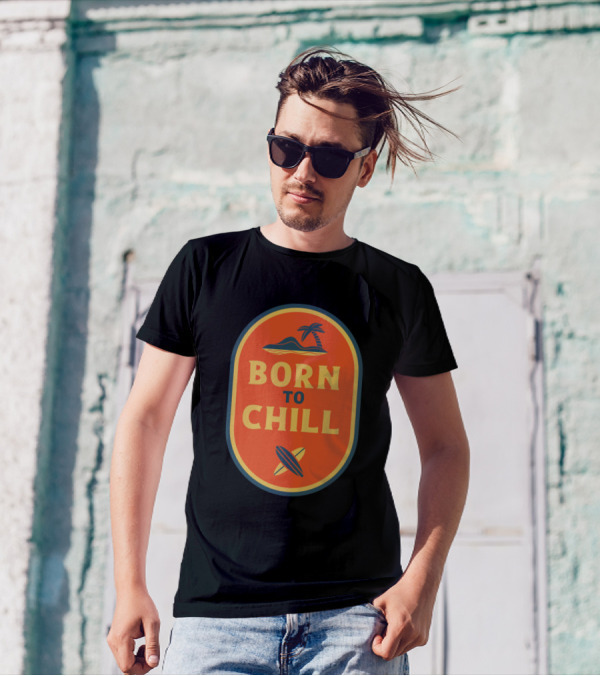 Born To Chill Palm Tree Surfboard Orange Oval T-Shirt