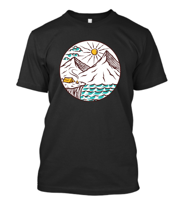 Camping End Island Sun Mountain Ocean Cliff Tent Scene T-Shirt