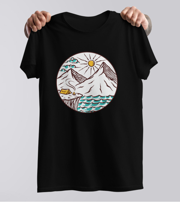 Camping End Island Sun Mountain Ocean Cliff Tent Scene T-Shirt