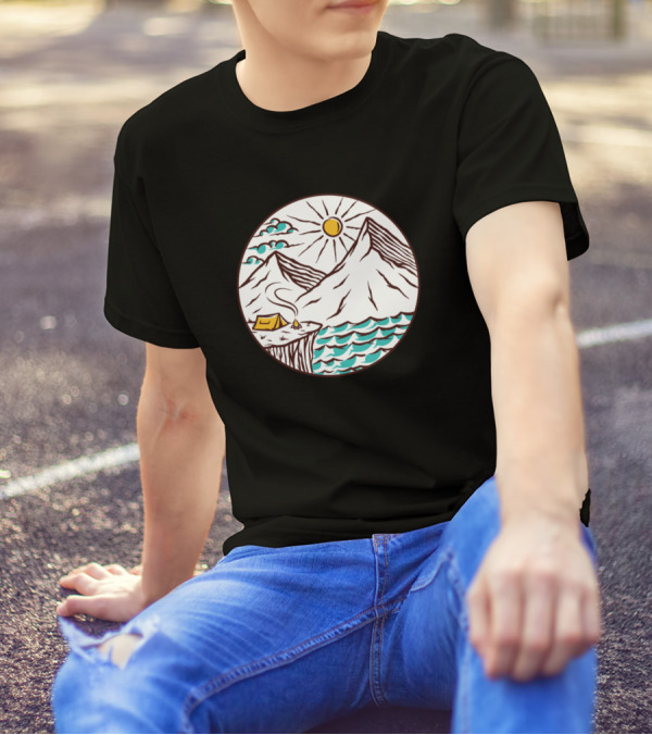 Camping End Island Sun Mountain Ocean Cliff Tent Scene T-Shirt