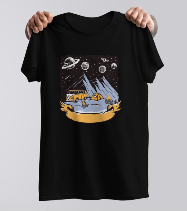 Camping Is My Adventure Novelty Graph With Space Elements And Retro Van Scene T-Shirt