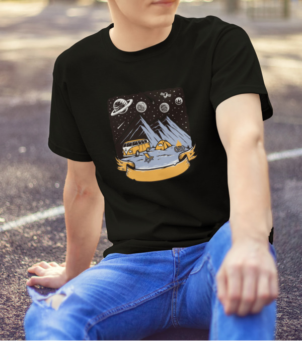Camping Is My Adventure Novelty Graph With Space Elements And Retro Van Scene T-Shirt