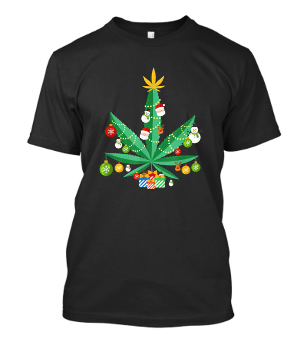 Cannabis Leaf Christmas Tree With Ornaments And Gifts T-Shirt