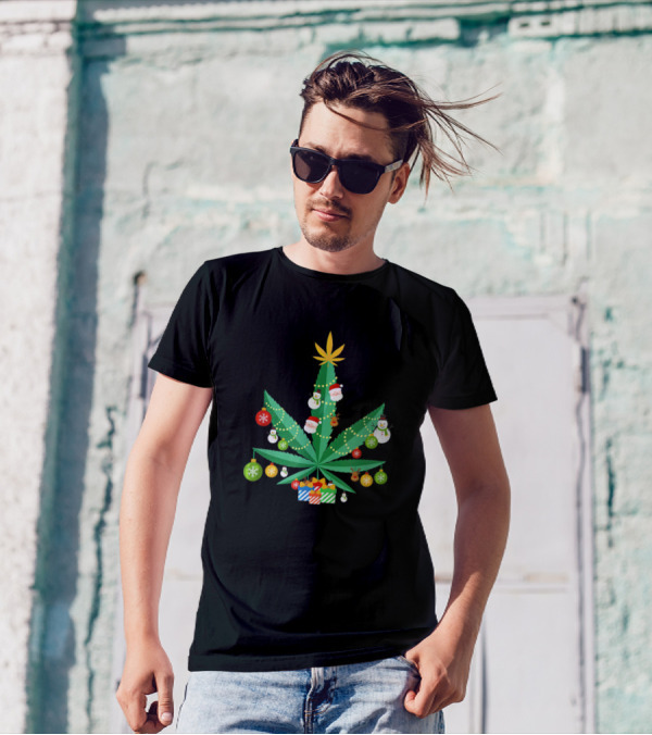 Cannabis Leaf Christmas Tree With Ornaments And Gifts T-Shirt