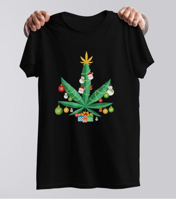 Cannabis Leaf Christmas Tree With Ornaments And Gifts T-Shirt