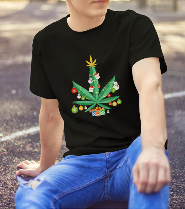 Cannabis Leaf Christmas Tree With Ornaments And Gifts T-Shirt