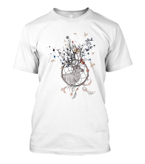 Dream Catcher Watercolor Boho Deer With Birds And Butterfly T-Shirt