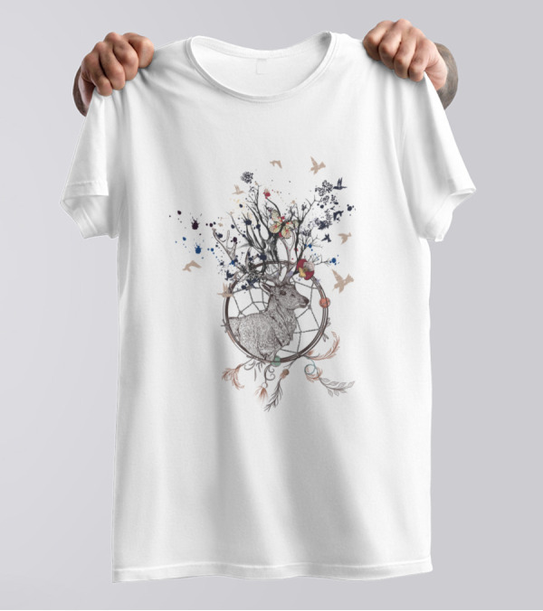 Dream Catcher Watercolor Boho Deer With Birds And Butterfly T-Shirt