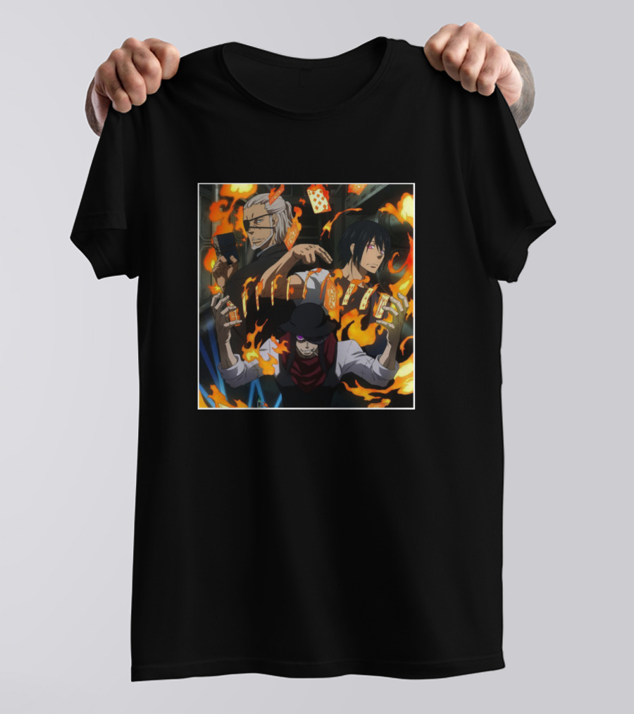 Fire Force Anime Characters With Flames And Playing Cards T-Shirt