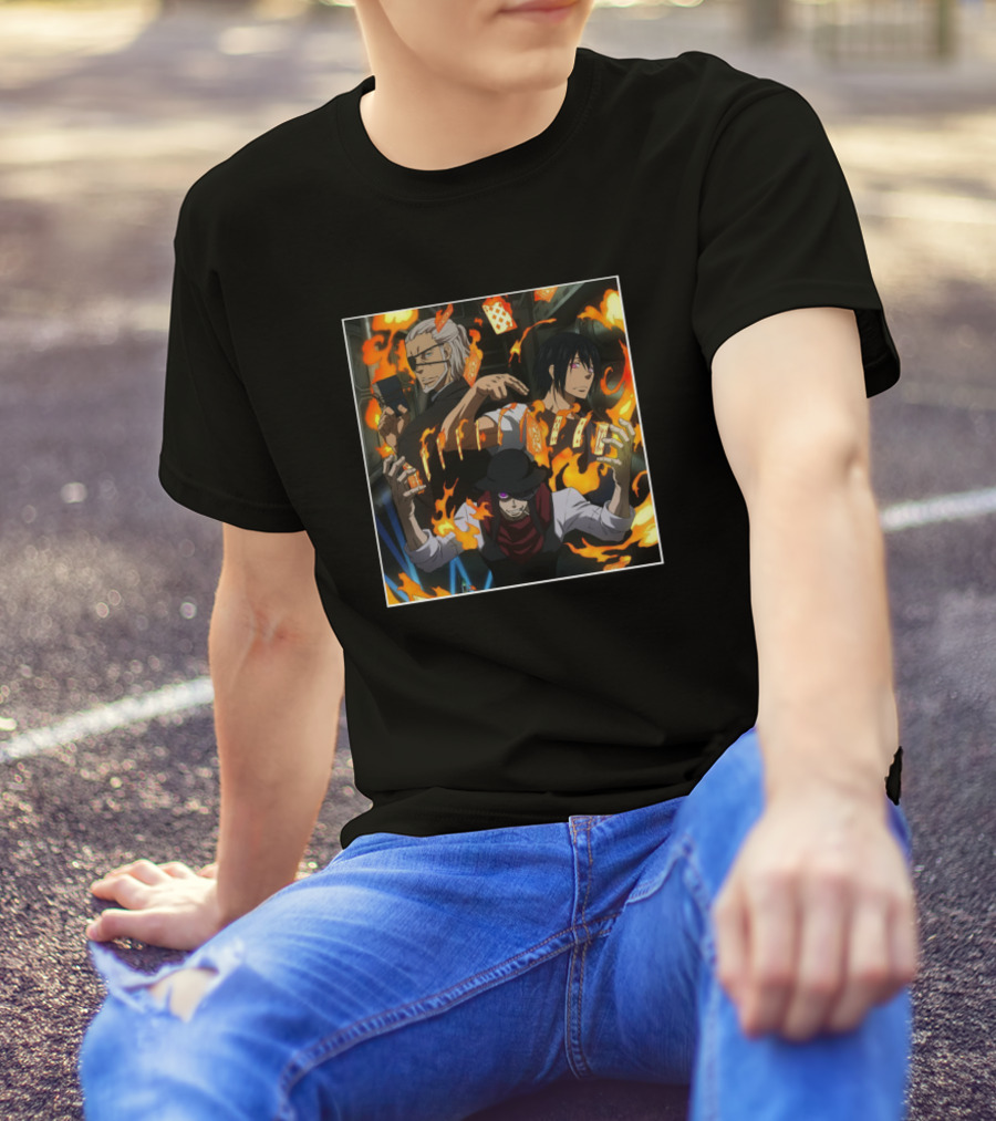 Fire Force Anime Characters With Flames And Playing Cards T-Shirt