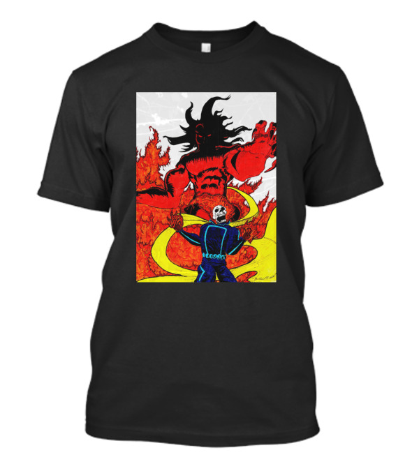 Ghost Rider Battling Fiery Demon With Skull Face And Flaming Background T-Shirt
