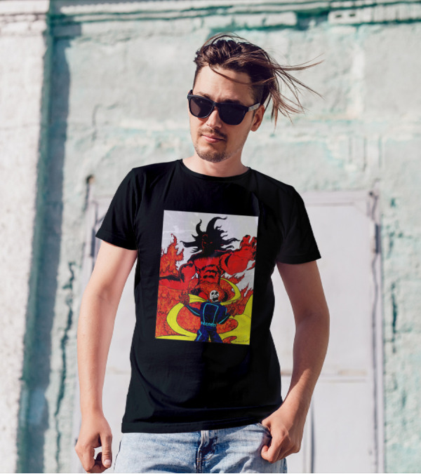 Ghost Rider Battling Fiery Demon With Skull Face And Flaming Background T-Shirt