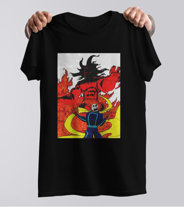 Ghost Rider Battling Fiery Demon With Skull Face And Flaming Background T-Shirt