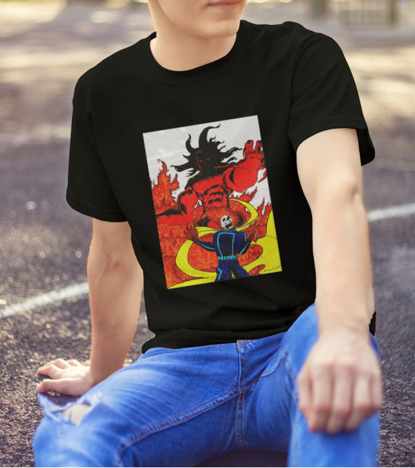 Ghost Rider Battling Fiery Demon With Skull Face And Flaming Background T-Shirt