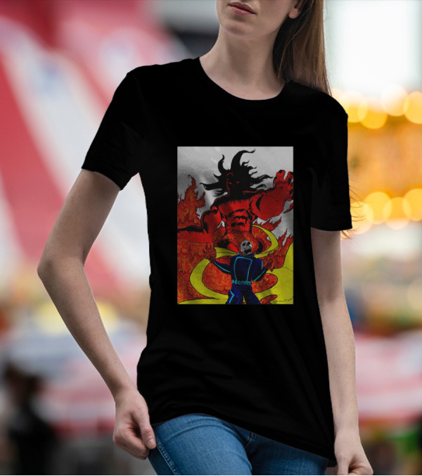 Ghost Rider Battling Fiery Demon With Skull Face And Flaming Background T-Shirt